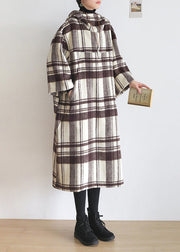 Organic Chocolate White Colour Plaid Pockets Cotton Maxi Hooded Dresses Long Sleeve