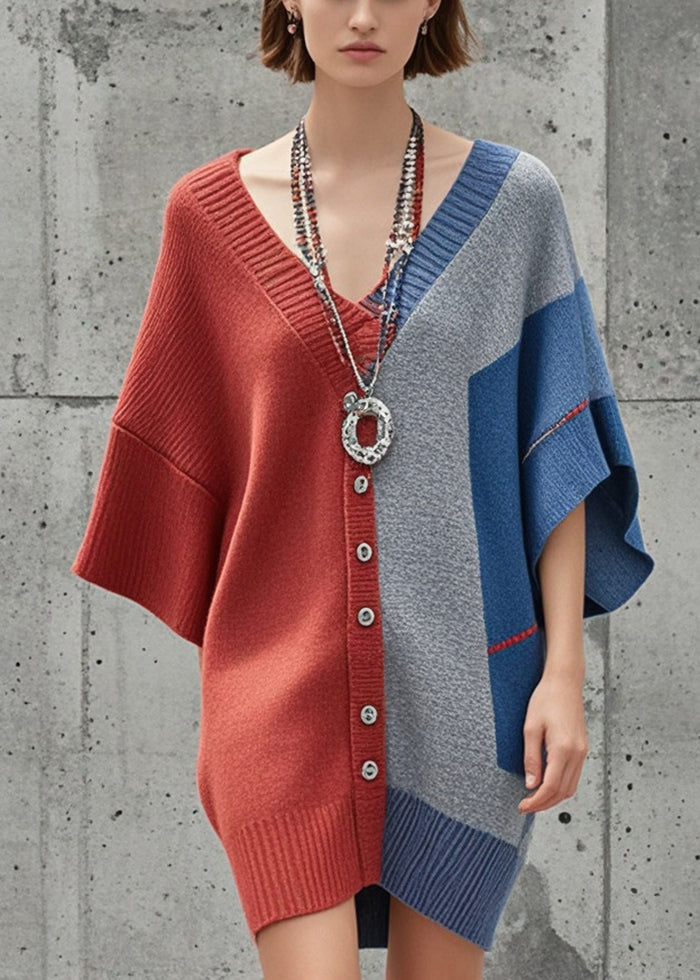 Organic Colorblock Asymmetrical Design Knitted Dress Batwing Sleeve