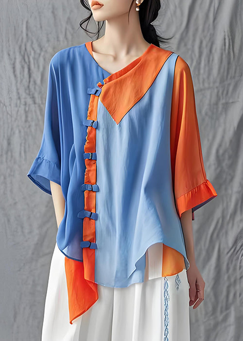 Organic Colorblock Asymmetrical Patchwork Cotton Shirt Summer