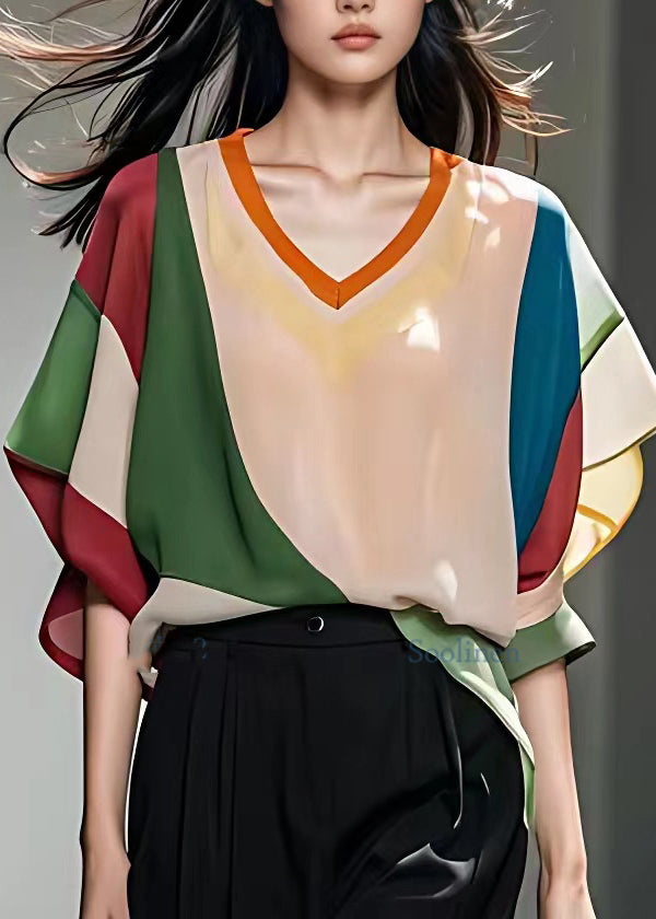 Organic Colorblock Patchwork Chiffon Top Bracelet Sleeve