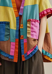 Organic Colorblock Ruffled Pockets Patchwork Cotton Cardigans Coat Summer