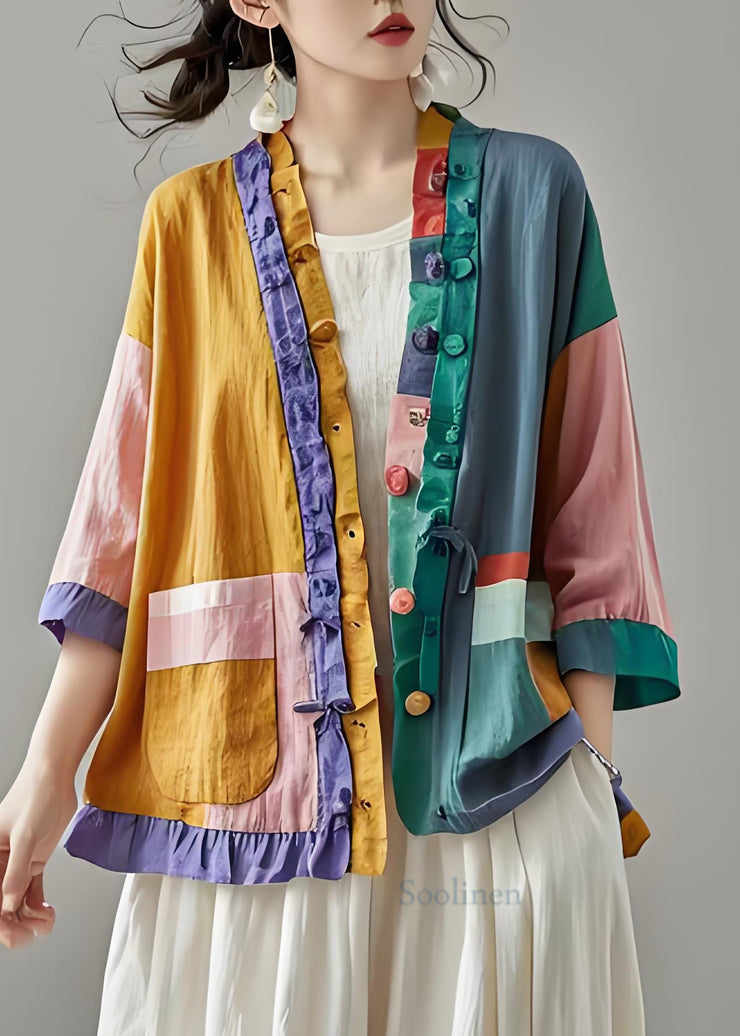 Organic Colorblock Ruffled Pockets Patchwork Cotton Cardigans Summer