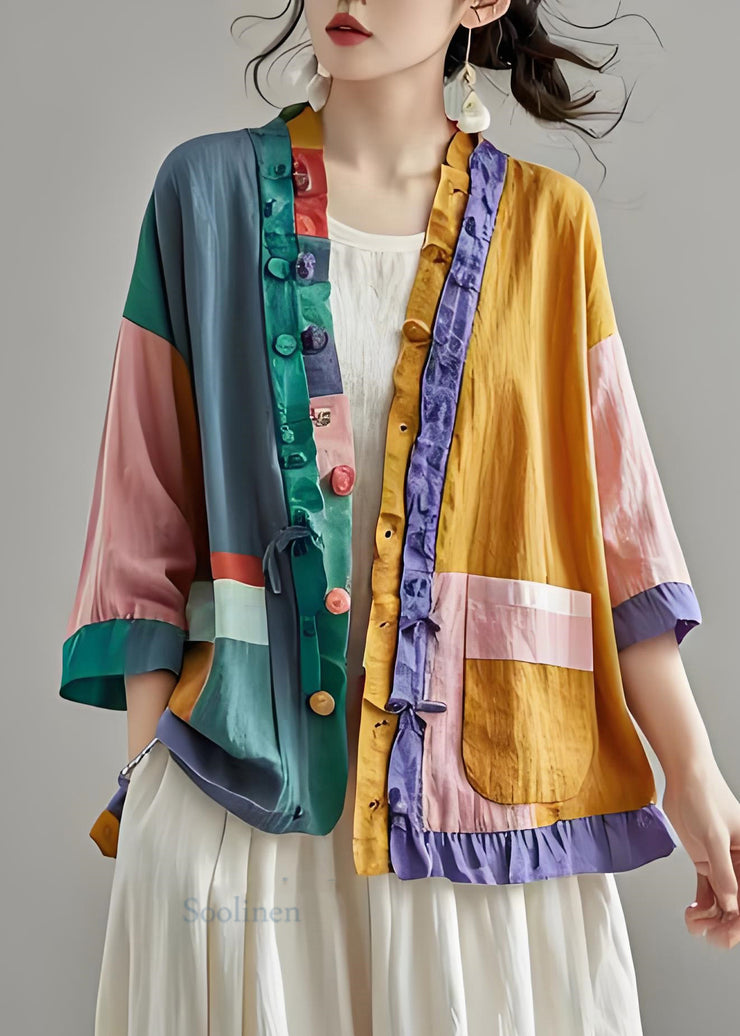 Organic Colorblock Ruffled Pockets Patchwork Cotton Cardigans Summer