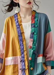 Organic Colorblock Ruffled Pockets Patchwork Cotton Cardigans Summer