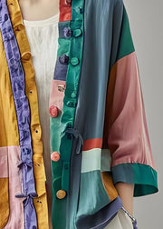 Organic Colorblock Ruffled Pockets Patchwork Cotton Cardigans Summer