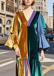 Organic Colorblock V Neck Patchwork Velvet Long Dresses Butterfly Sleeve