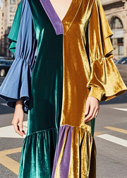 Organic Colorblock V Neck Patchwork Velvet Long Dresses Butterfly Sleeve