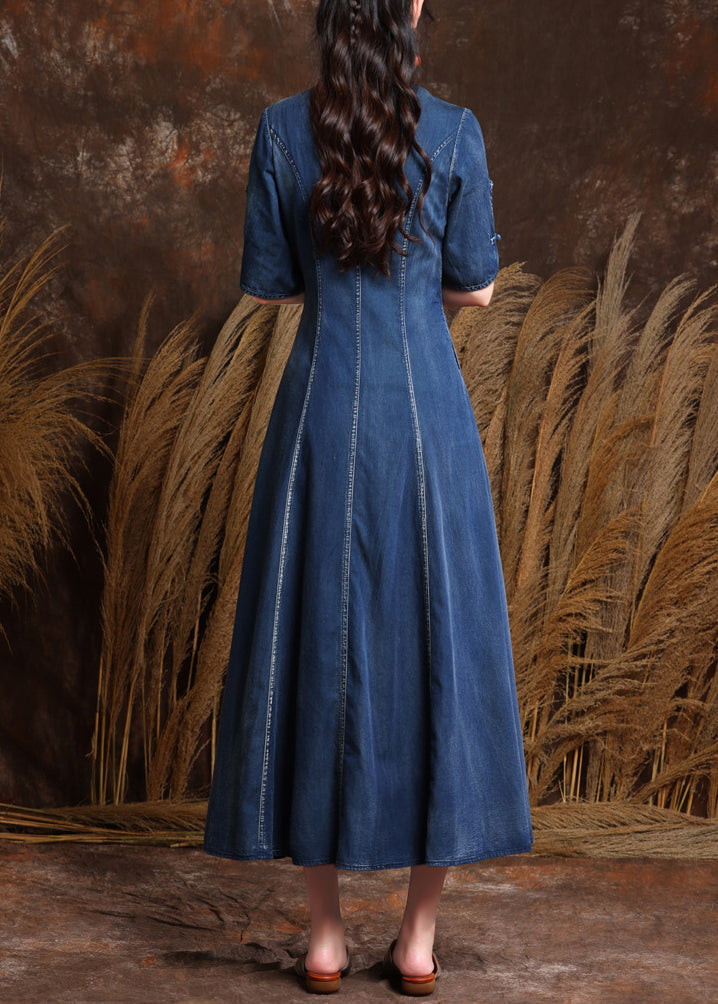 Organic Denim Blue V Neck Embroidered Patchwork Long Dresses Short Sleeve