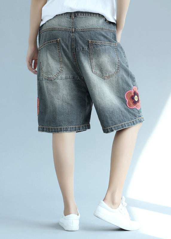 Organic Gray Pockets Patchwork Embroidered Shorts Summer