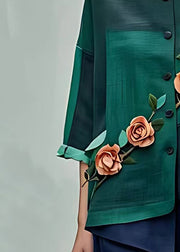 Organic Green Asymmetrical Floral Wrinkled Shirt Half Sleeve