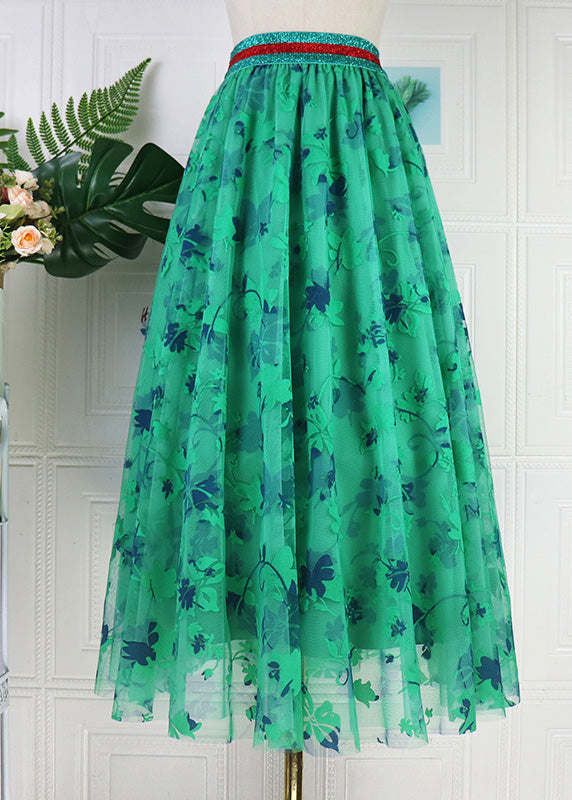 Organic Green Elastic Waist Floral Tulle A Line Skirt Spring