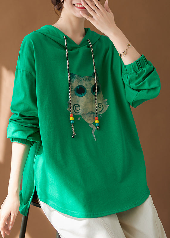 Organic Green Hooded Print Cotton Sweatshirts Tracksuits Fall