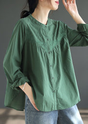 Organic Green O Neck Embroideried Cotton Shirts Spring