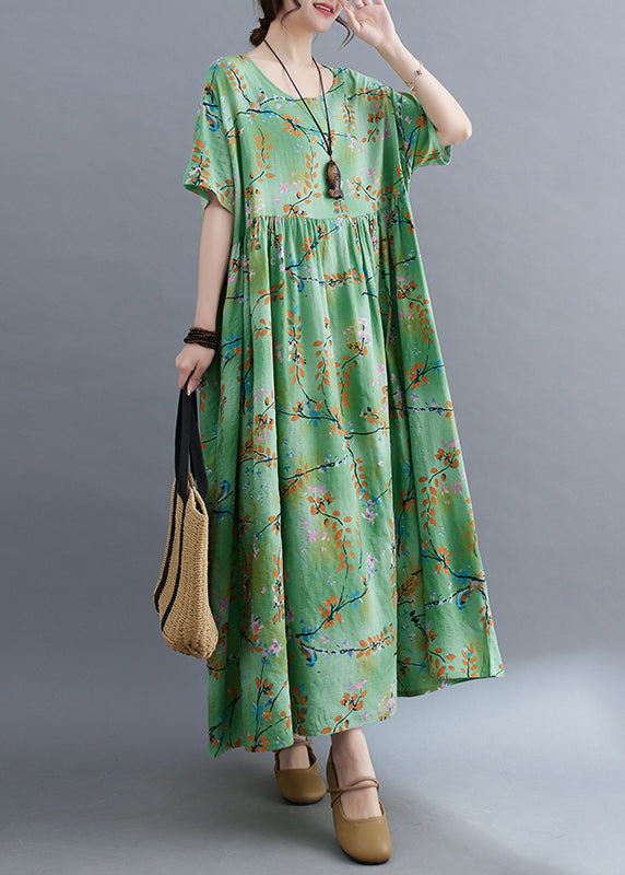 Organic Green O-Neck Patchwork Wrinkled Long Dress Summer