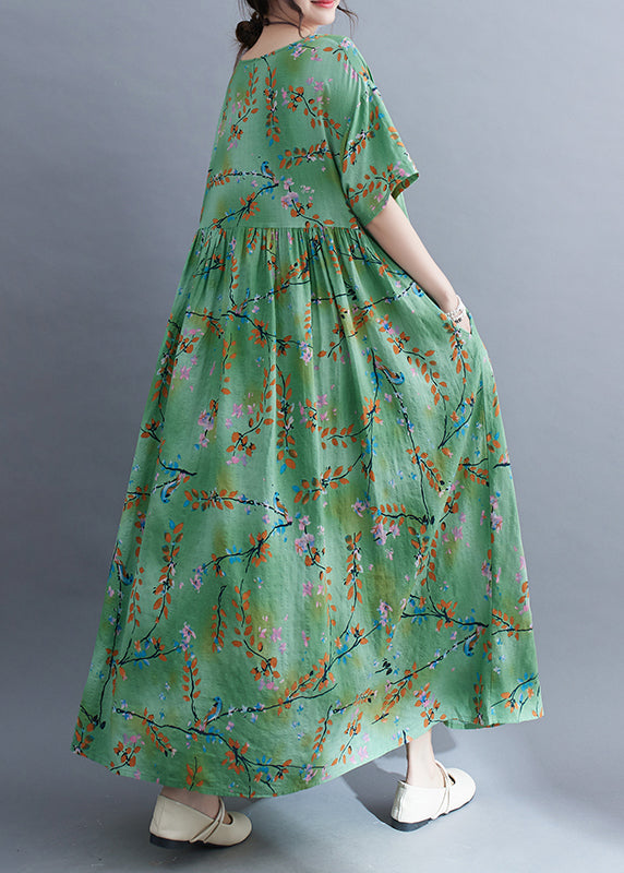 Organic Green O-Neck Patchwork Wrinkled Long Dress Summer