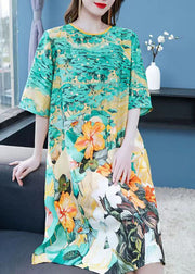 Organic Green O Neck Print Patchwork Chiffon Mid Dress Summer