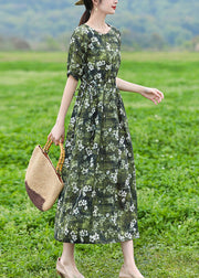 Organic Green O-Neck Print Slim Tie Waist Linen Maxi Dresses Short Sleeve