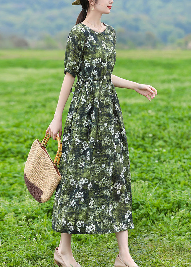 Organic Green O-Neck Print Slim Tie Waist Linen Maxi Dresses Short Sleeve