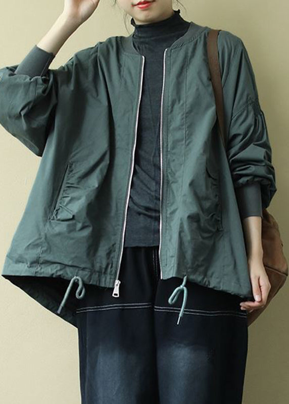 Organic Green O-Neck Zip Up Low High Design Coat Long Sleeve