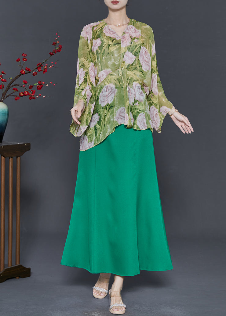 Organic Green Oversized Print Chiffon Women Sets 2 Pieces Fall