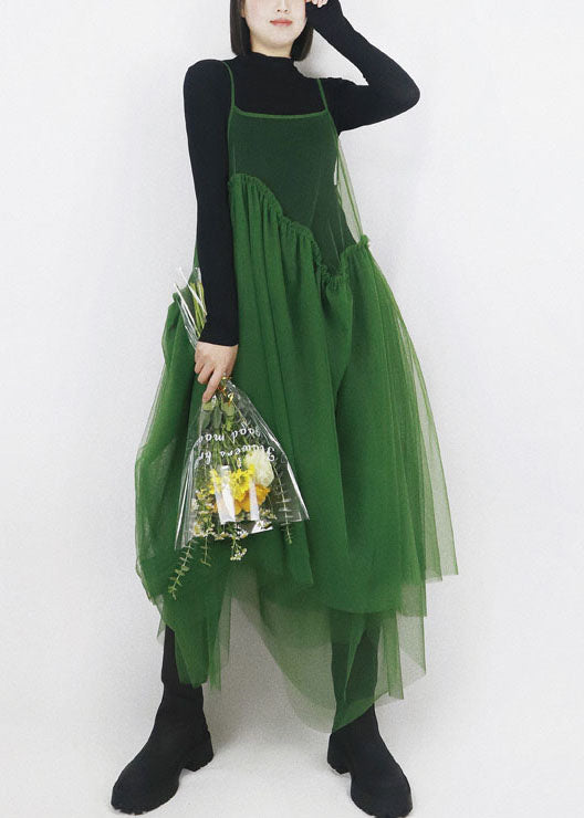 Organic Green Patchwork Hollow Out Tulle Spaghetti Strap Dress Long Smock Summer