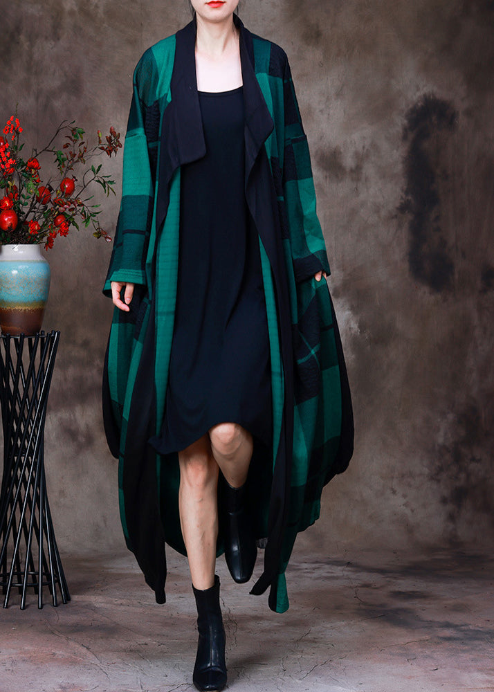 Organic Green Peter Pan Collar Plaid Coats Long Long Sleeve