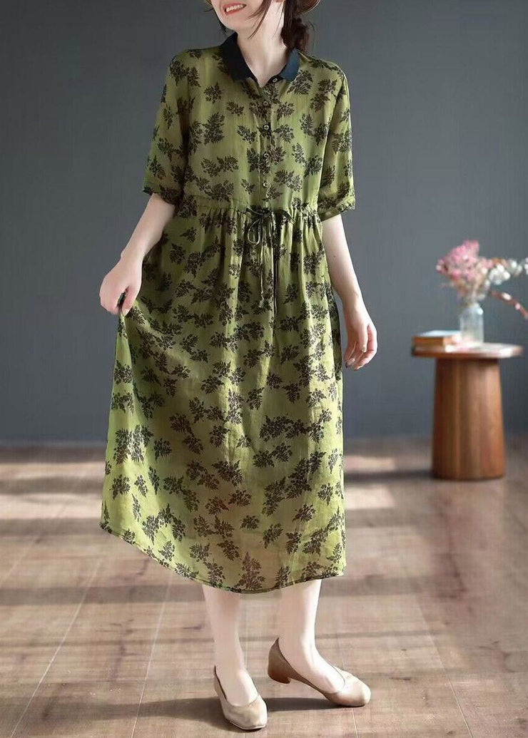 Organic Green Peter Pan Collar Print Button Long Dresses Short Sleeve