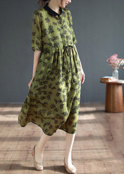 Organic Green Peter Pan Collar Print Button Long Dresses Short Sleeve