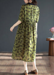 Organic Green Peter Pan Collar Print Button Long Dresses Short Sleeve