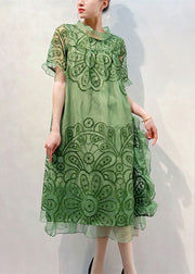 Organic Green Stand Collar Embroideried Patchwork Tulle Dresses Summer