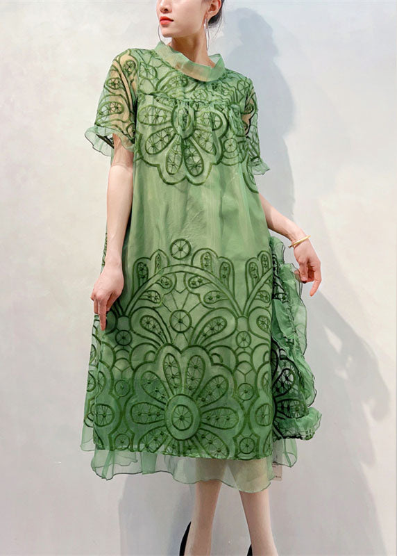 Organic Green Stand Collar Embroideried Patchwork Tulle Dresses Summer