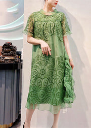 Organic Green Stand Collar Embroideried Patchwork Tulle Dresses Summer