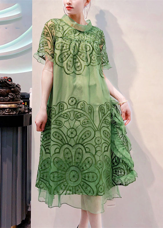 Organic Green Stand Collar Embroideried Patchwork Tulle Dresses Summer