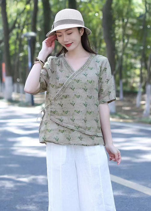 Organic Green V Neck Embroideried Patchwork Linen Tops Summer