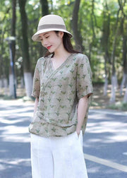 Organic Green V Neck Embroideried Patchwork Linen Tops Summer