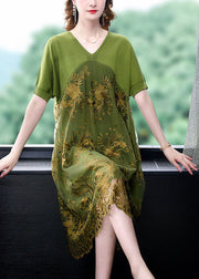 Organic Green V Neck Embroideried Patchwork Tulle Dress Summer