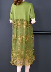 Organic Green V Neck Embroideried Patchwork Tulle Dress Summer