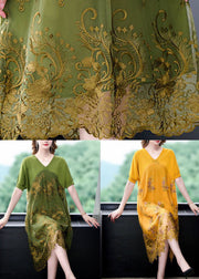 Organic Green V Neck Embroideried Patchwork Tulle Dress Summer