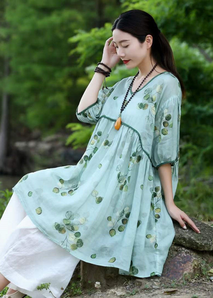 Organic Green V Neck Print Patchwork Linen Dresses Summer