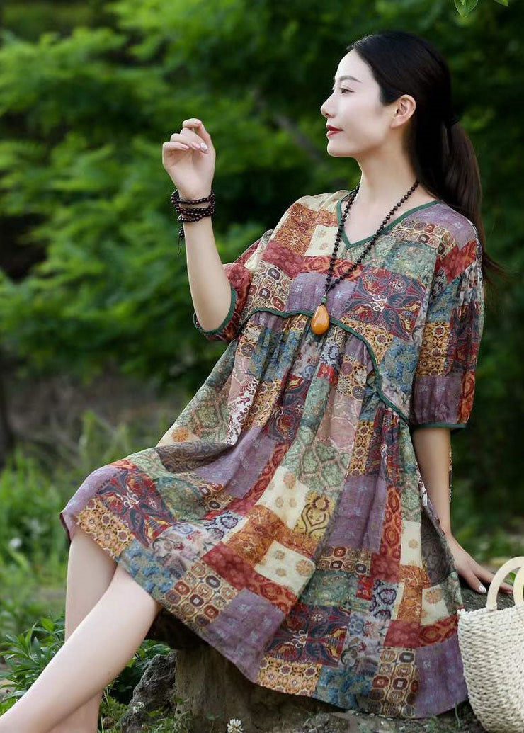 Organic Green V Neck Print Patchwork Linen Dresses Summer