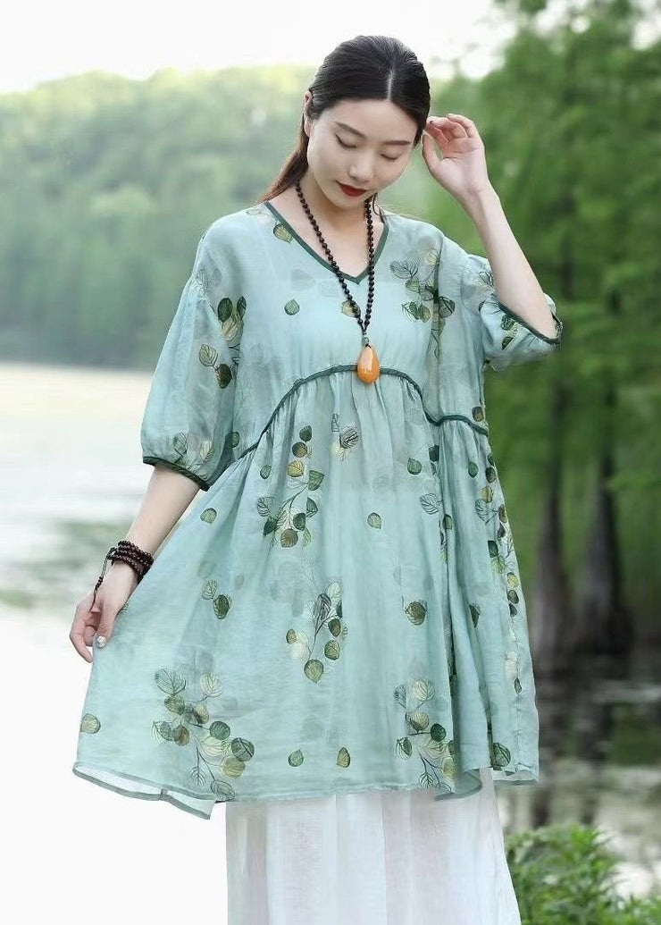 Organic Green V Neck Print Patchwork Linen Dresses Summer