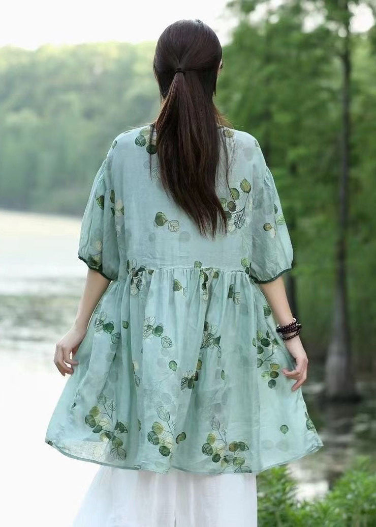 Organic Green V Neck Print Patchwork Linen Dresses Summer