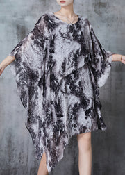 Organic Grey Asymmetrical Ink Wash Painting Chiffon Dress Summer