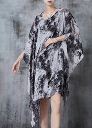 Organic Grey Asymmetrical Ink Wash Painting Chiffon Dress Summer