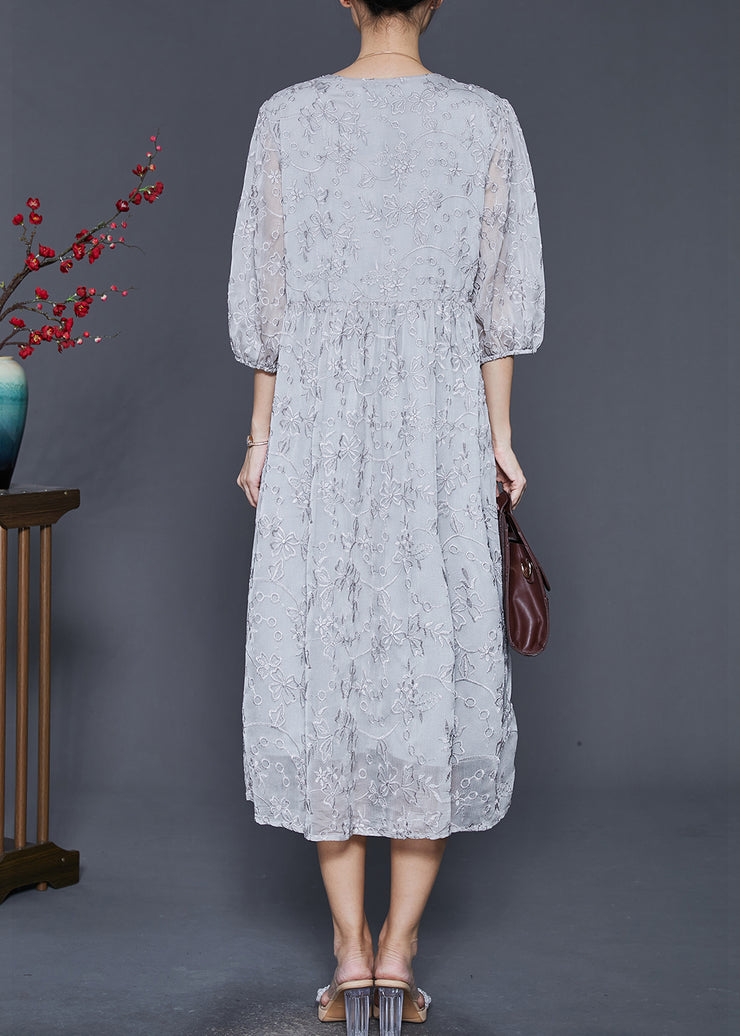 Organic Grey Embroidered Silk Long Dress Summer