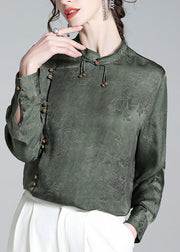 Organic Grey Green Stand Collar Jacquard Silk Shirt Long Sleeve