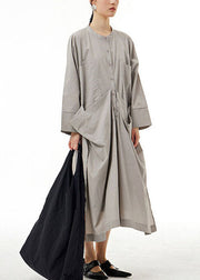 Organic Grey Pockets Wrinkled Patchwork Cotton  Dress Spring