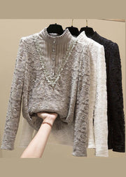 Organic Grey Stand Collar Patchwork Warm Fleece Lace Shirt Top Long Sleeve