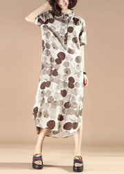 Organic Grey Stand Collar Print Patchwork Linen Dresses Summer