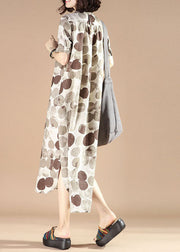 Organic Grey Stand Collar Print Patchwork Linen Dresses Summer